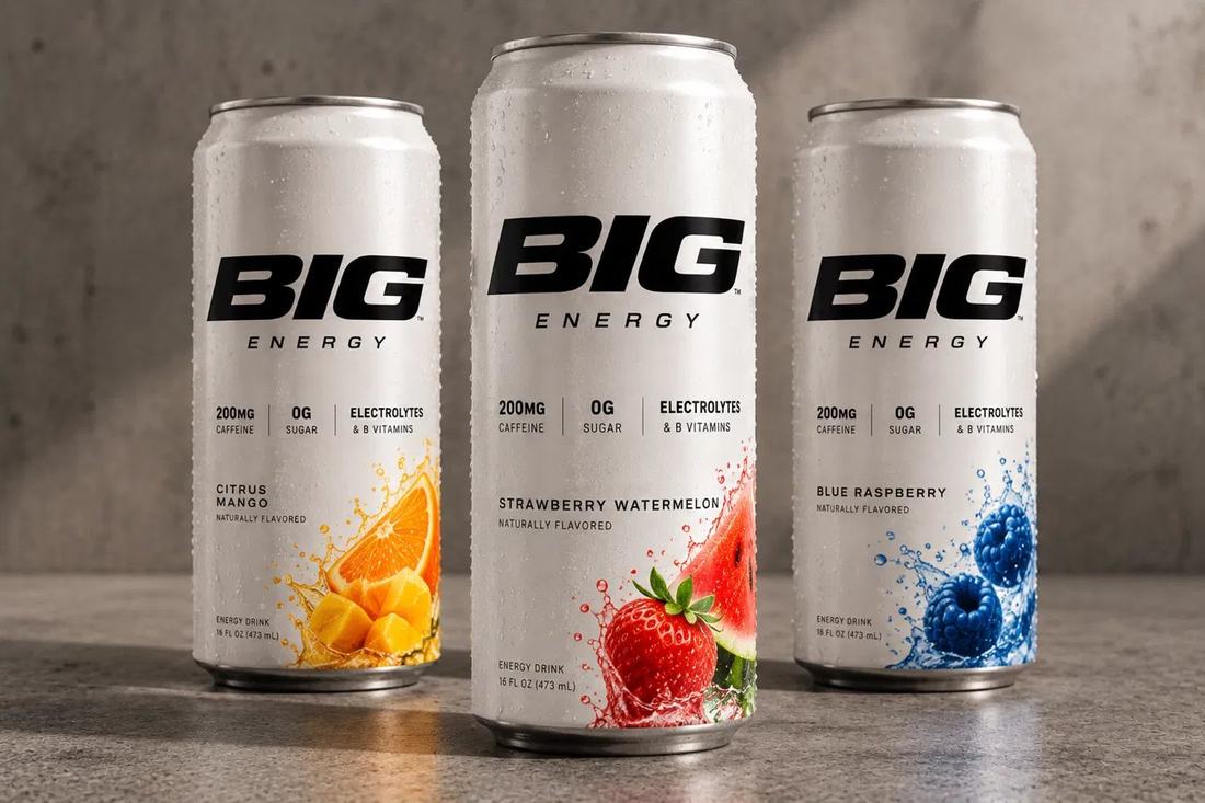 BIG Energy drink cans in three flavors