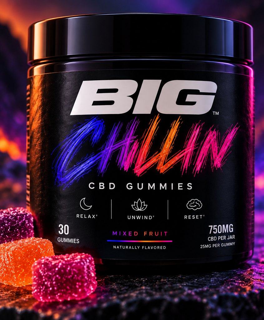 BIG Chillin CBD gummies jar with mixed fruit gummies