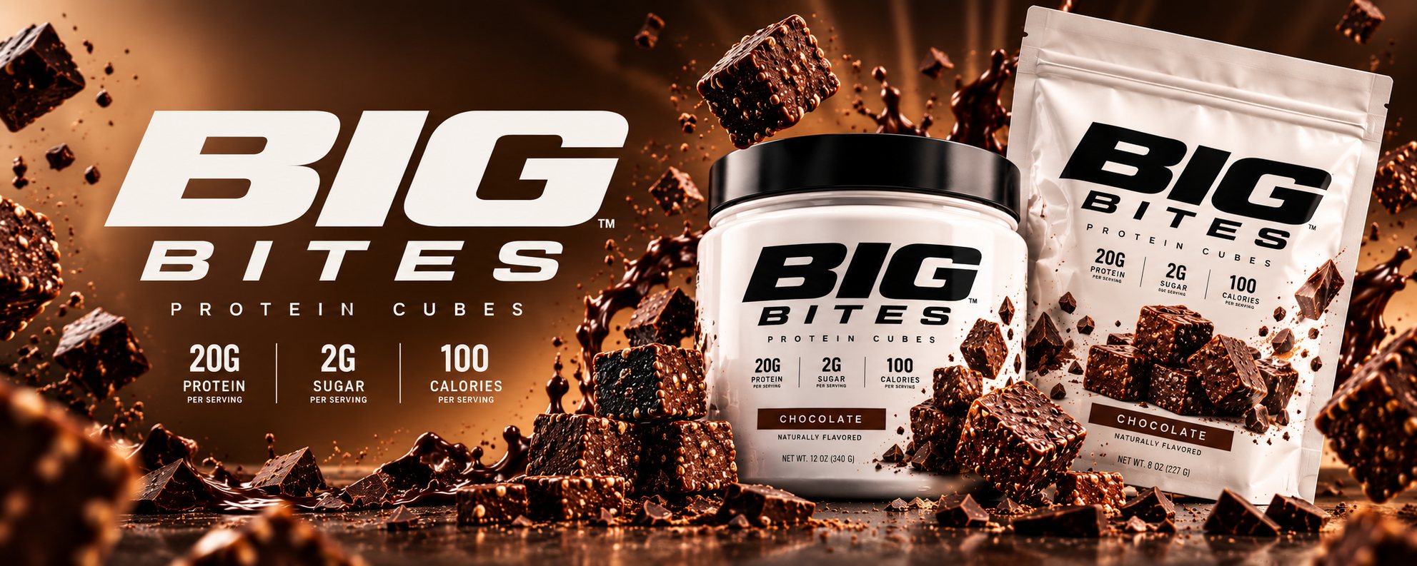 BIG Bites chocolate protein cubes, shown in a jar and a pouch