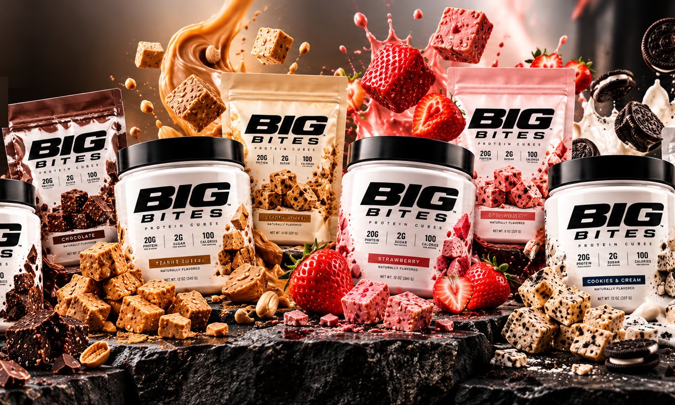 BIG Bites protein cubes in chocolate, peanut butter, strawberry and cookies and cream